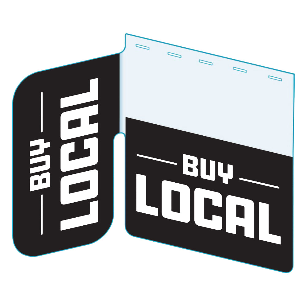 An illustration of the "Buy Local" Bib with Right Angle Flag ClearGrip ShelfTalkers