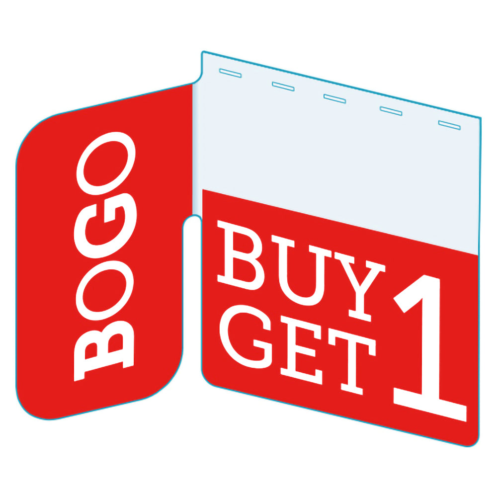 An illustration of the "BOGO" Bib with Right Angle Flag ClearGrip ShelfTalkers