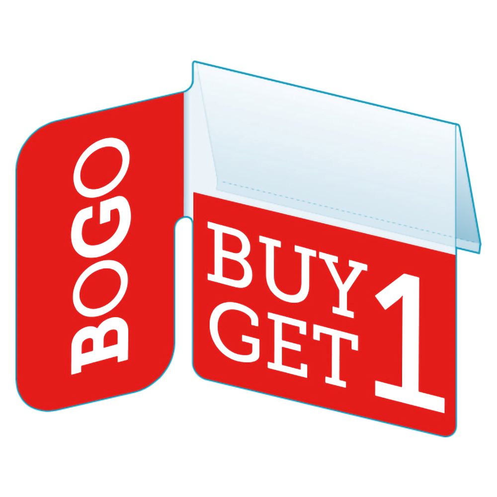 An illustration of the "BOGO" Bib with Right Angle Flag ClearVision ShelfTalkers