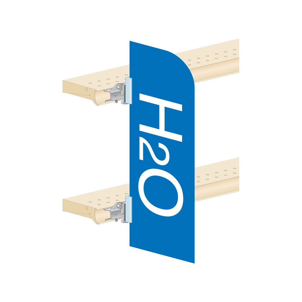 An illustration of the Heavy Duty, Right Angle, Category Sign Holder installed on a shelf edge and holding a large sign
