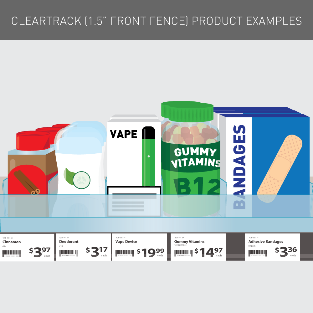 An illustration showing product examples for the 1.5" front fence on the ClearTrack Shelf Management System