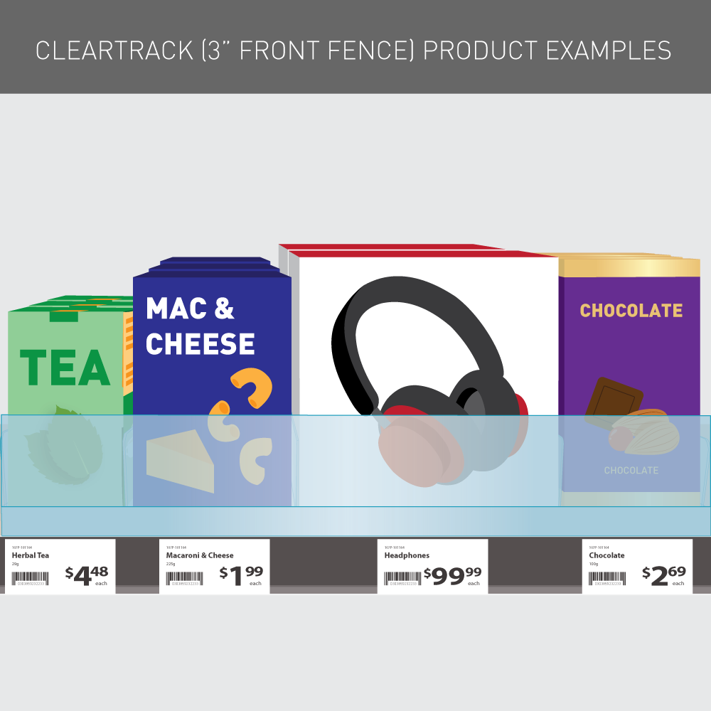 An illustration showing product examples for the 3" front fence on the ClearTrack Shelf Management System