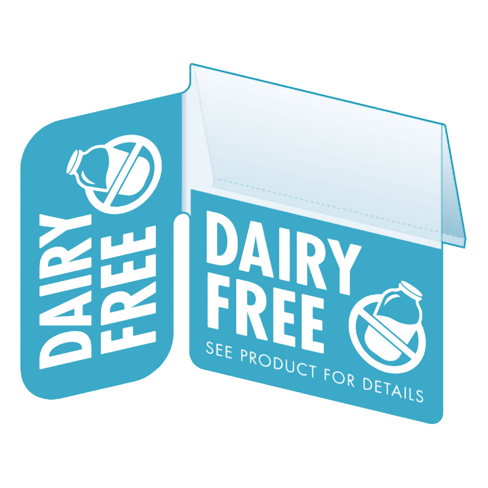 An illustration of the "Dairy Free" Bib with Right Angle Flag ClearVision ShelfTalkers