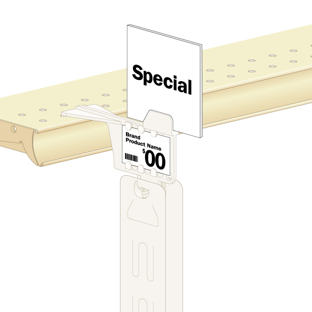 An illustration of the Double Merchandise Strip Hanger holding a sign and a merchandise strip, attached to a shelf edge