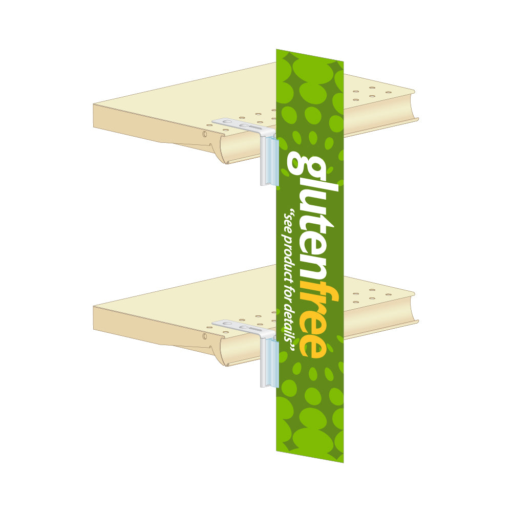 An illustration of a "Gluten Free" Aisle Sign installed onto two shelf edges with top mount sign holders.