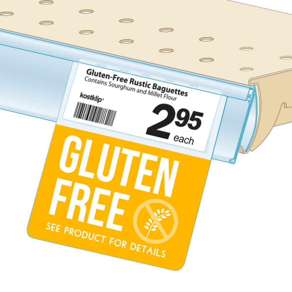 An illustration of the yellow "Gluten Free" Bib ClearGrip ShelfTalkers installed into a ticket molding on a shelf edge.