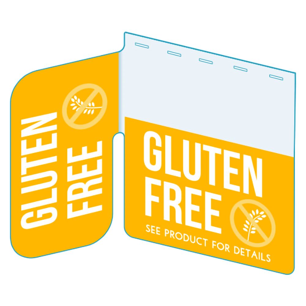 An illustration of the yellow "Gluten Free" Bib with Right Angle Flag ClearGrip ShelfTalkers