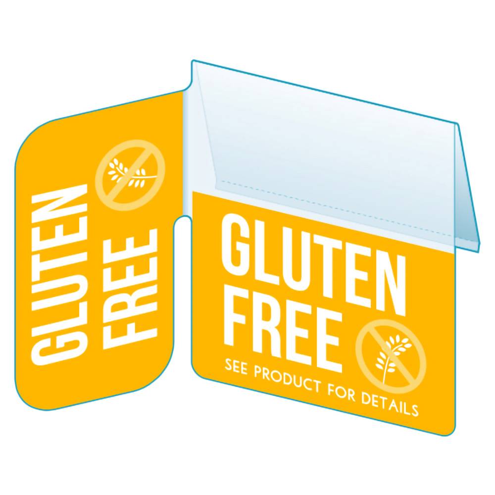 An illustration of the yellow "Gluten Free" ver2 Bib with Right Angle Flag ClearVision ShelfTalkers