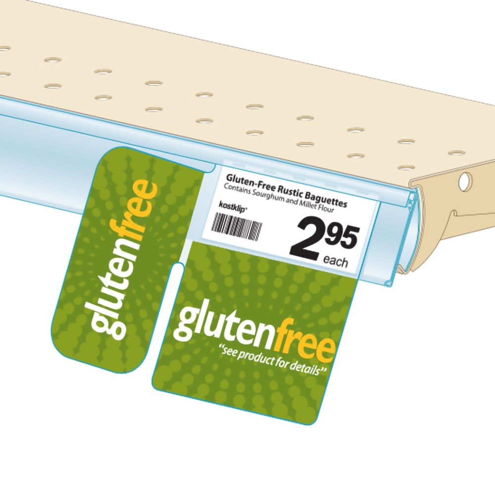 An illustration of the Signature Series, ClearGrip "Gluten Free" Right Angle ShelfTalker installed into a ticket molding on a shelf edge