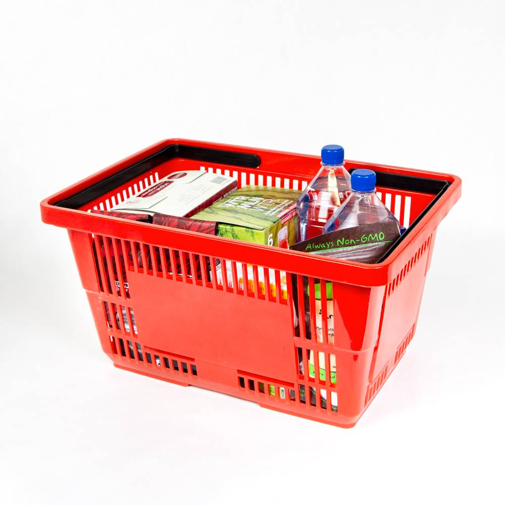 A red Products 15L Hand Shopping Basket full of product.
