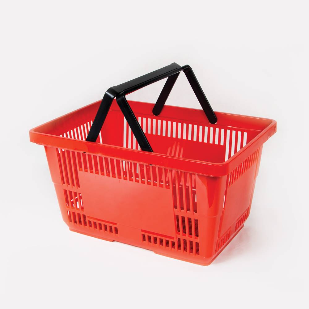A red 15L Hand Shopping Basket, empty