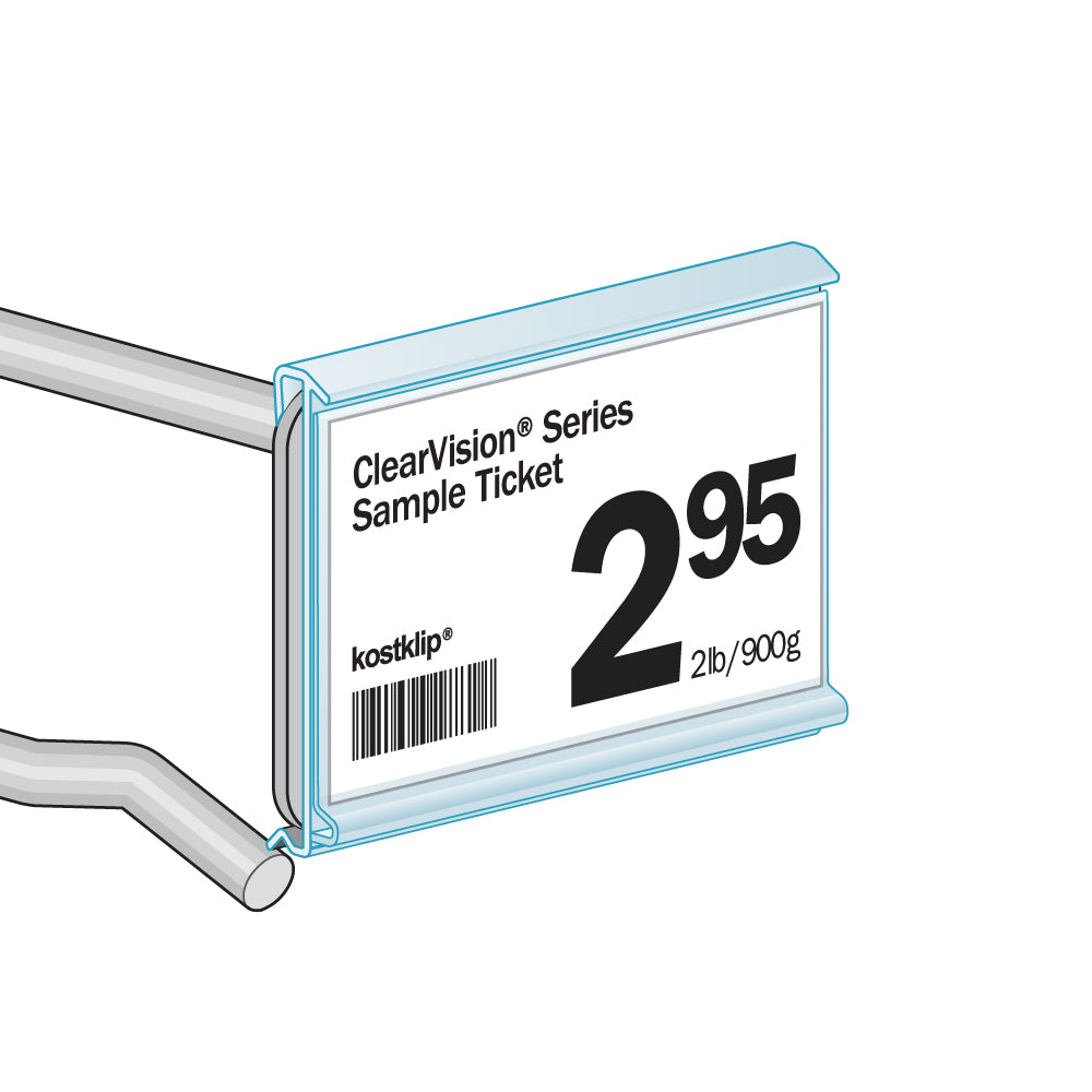 An illustration of the ClearVision 1.375"H Plate, Stationary Label Holder installed with a price ticket