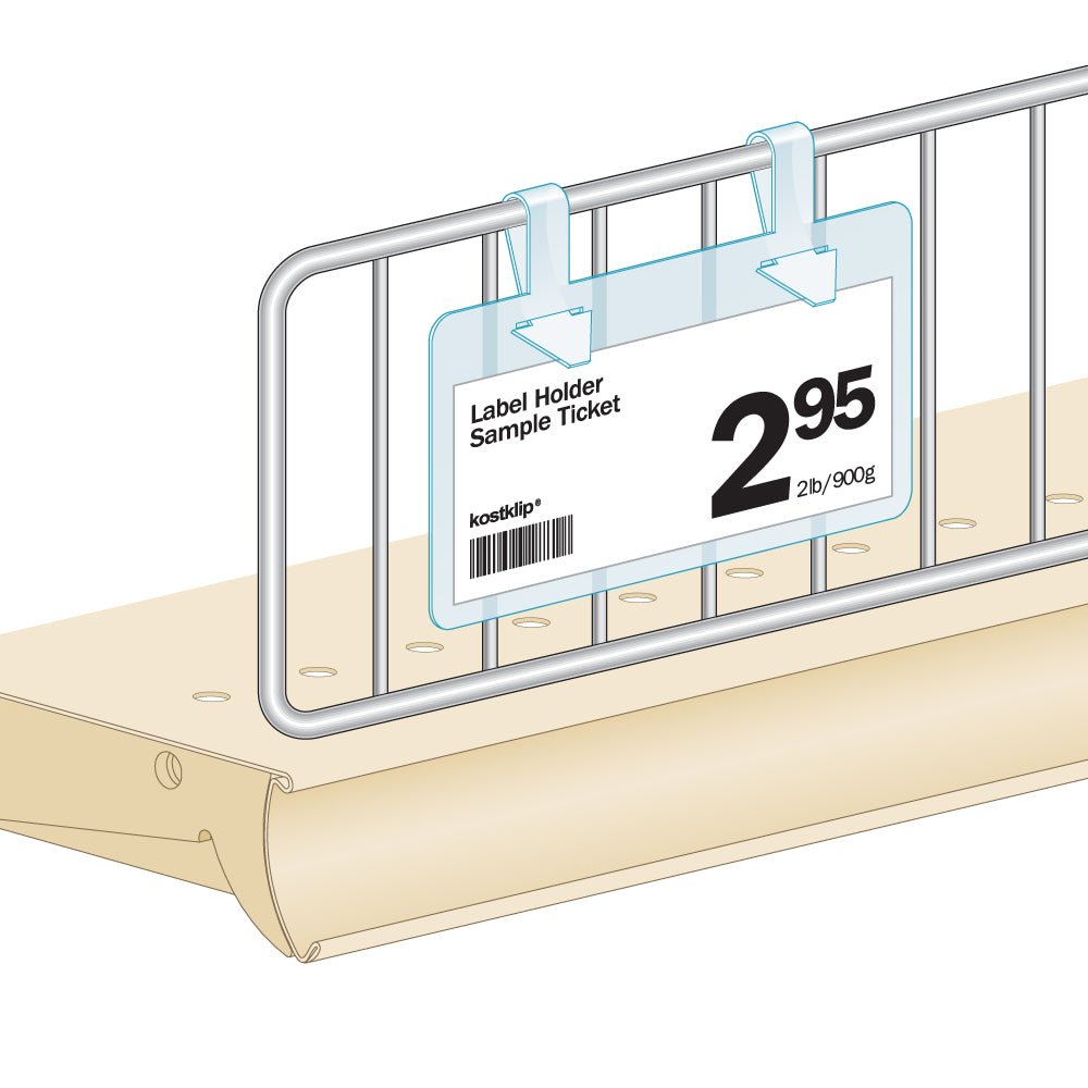 An illustration of the Fence, Double Loop Label Holder installed on a wire fence, holding a paper ticket