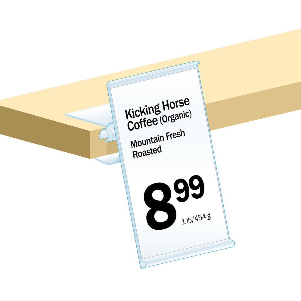 An illustration of the ClearVision Adjustable Angle, 0.370-0.750" Range, Large Clip Label Holder installed on a shelf with a price ticket.