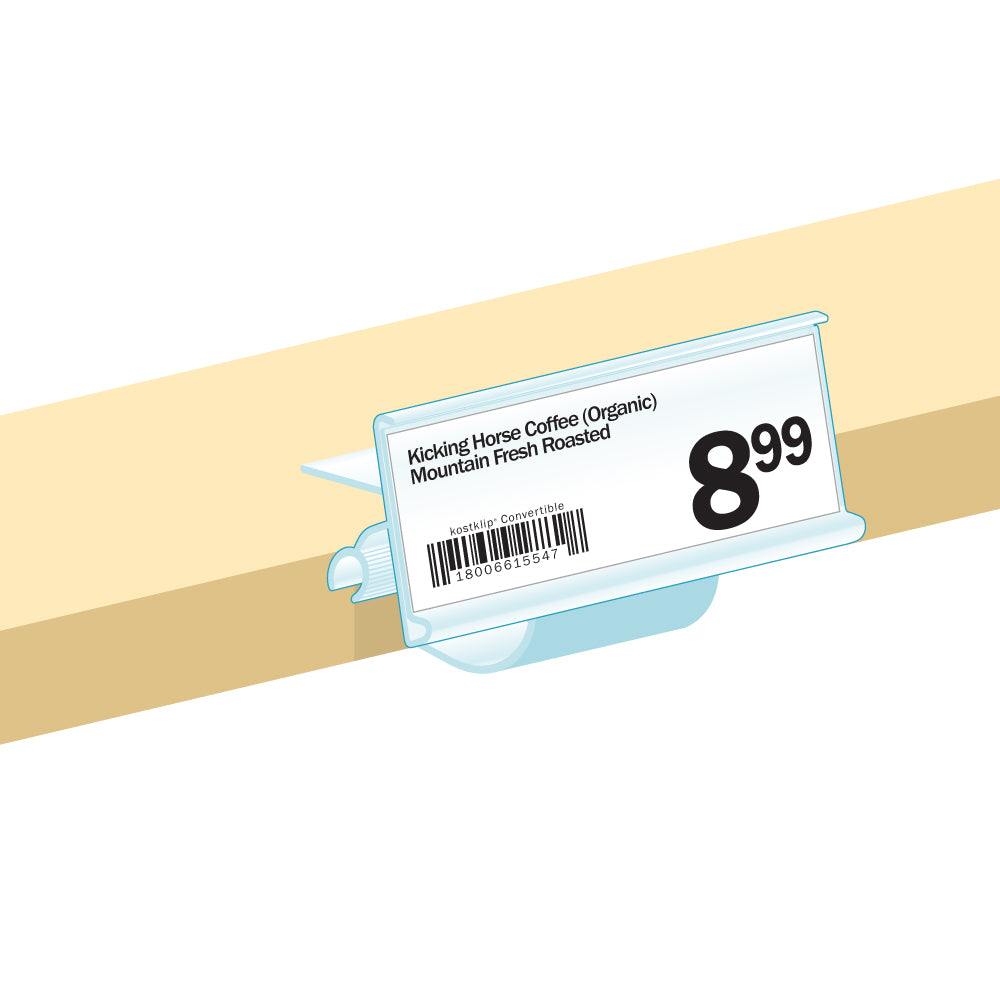 An illustration of the small ClearVision Adjustable Angle, 0.370-0.750" Range, Large Clip Label Holder installed on a shelf with a price ticket.