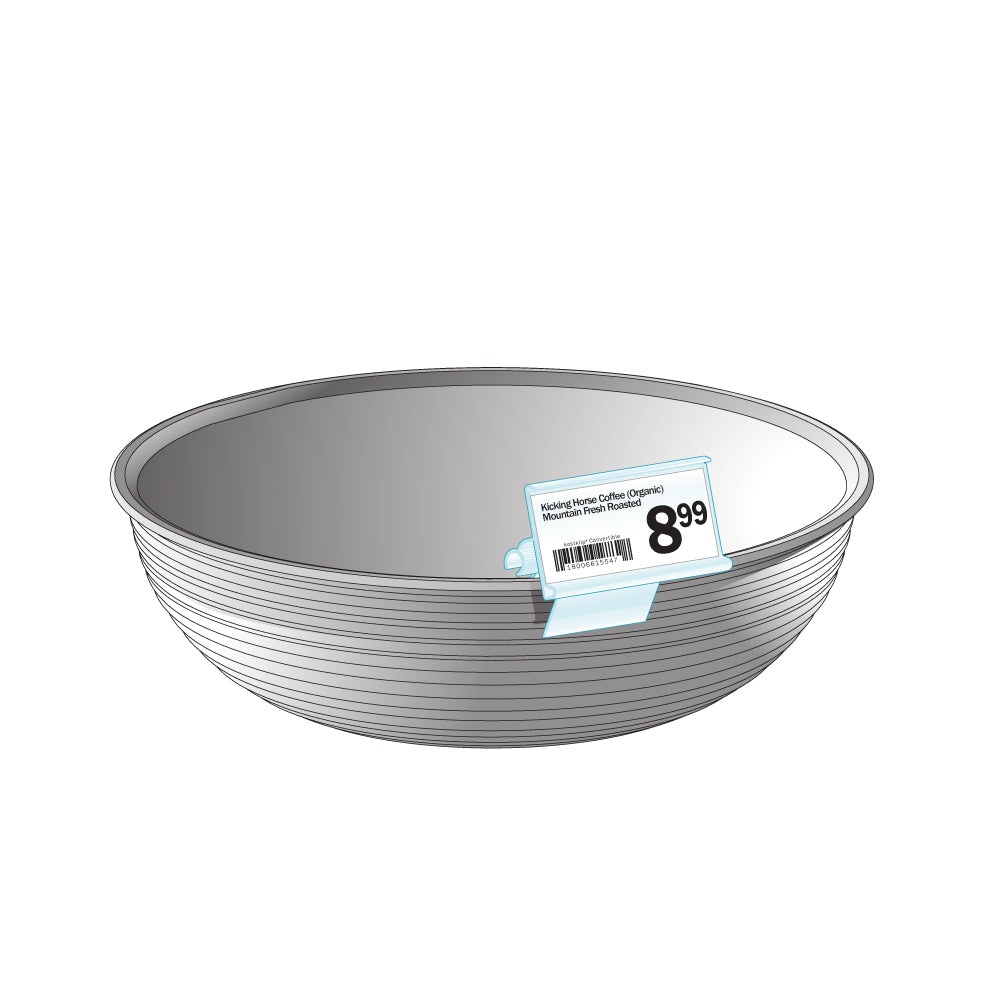 An illustration of the ClearVision Adjustable Angle, 0.100-0.375" Range, Small Clip Label Holder attached to the edge of a bowl