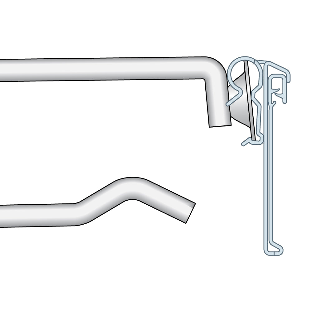 A profile illustration of the ClearGrip Small Plate or T-Wire, Swing Up Label Holder installed on a small plate scanning hook