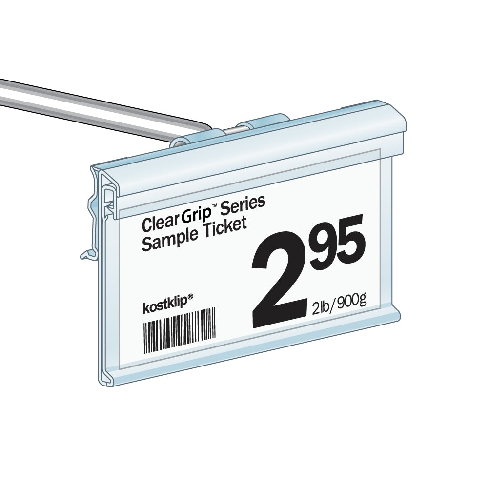 An illustration of the ClearGrip Small Plate or T-Wire, Swing Up Label Holder installed and in use with a price ticket
