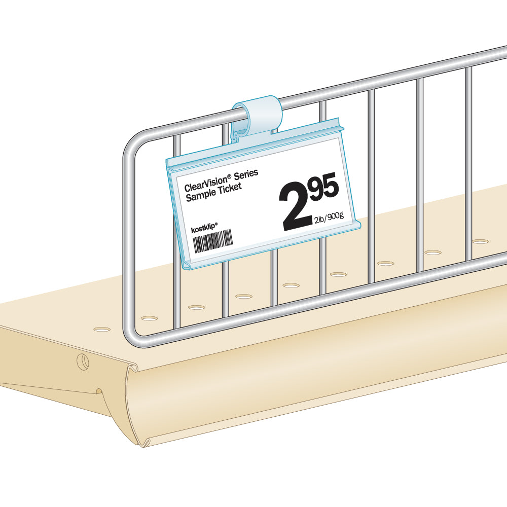 An illustration of the 3 inch ClearVision Wire Fence, Locking Label Holder installed on a wire fence, holding a paper ticket