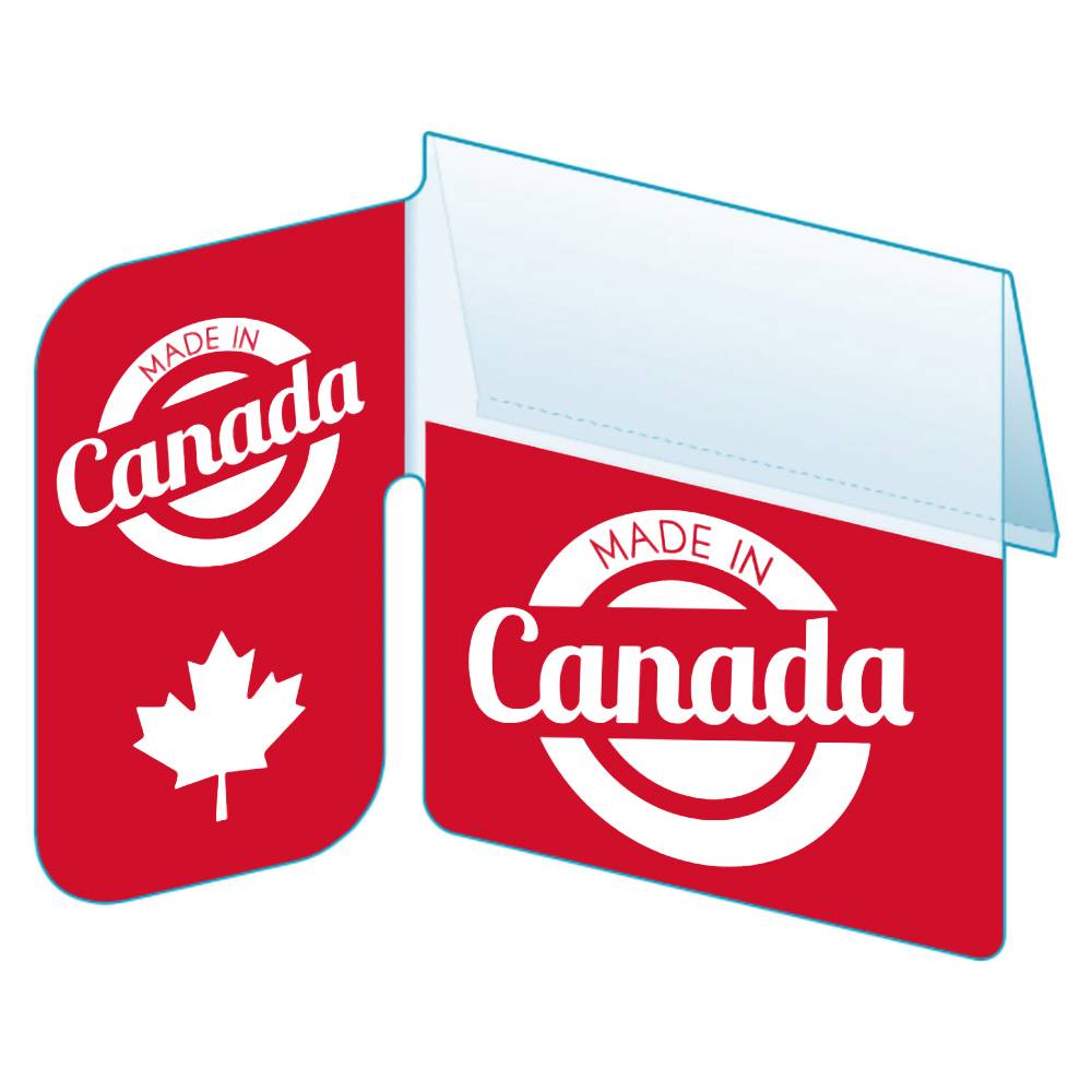 An illustration of the "Made In Canada" Bib with Right Angle Flag ClearVision ShelfTalkers