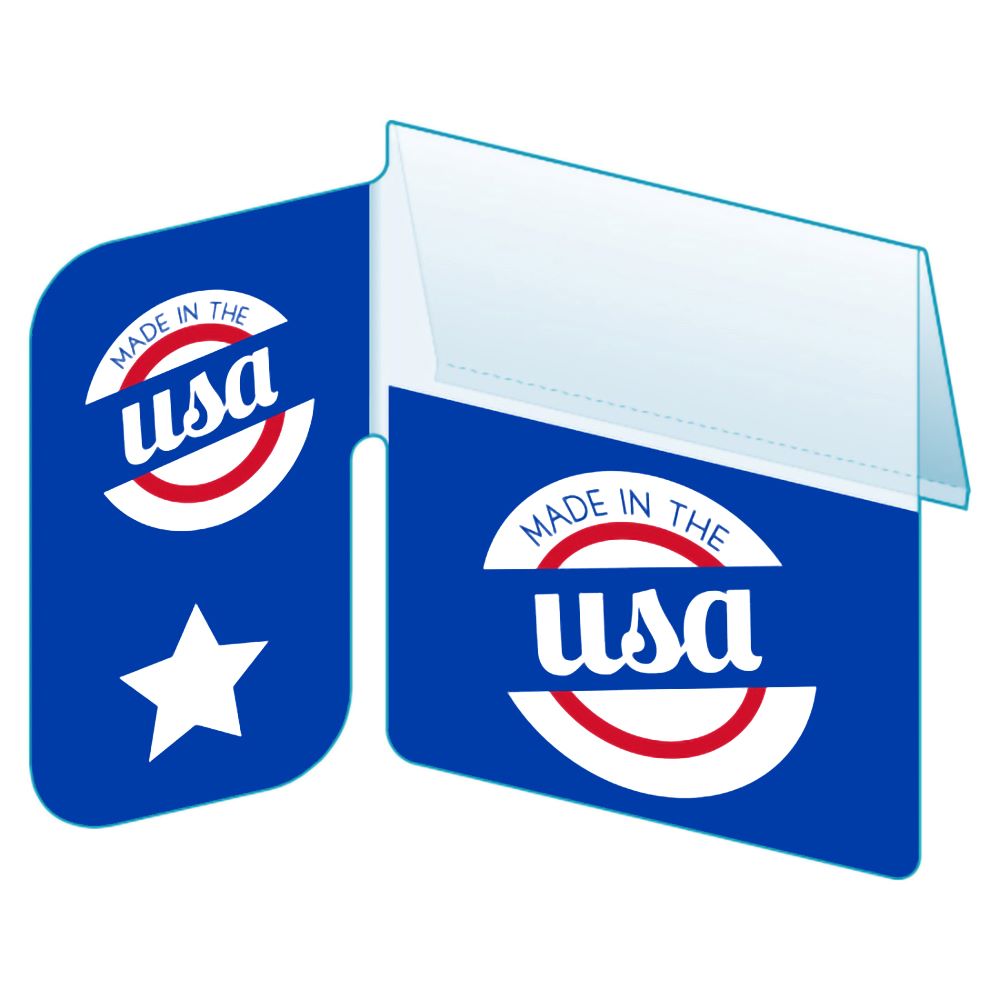 An illustration of the "Made In USA" Bib with Right Angle Flag ClearVision ShelfTalkers