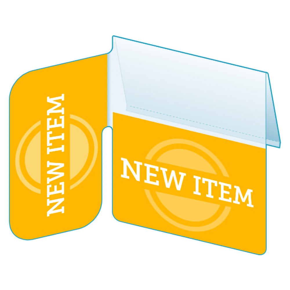 An illustration of the "New Item" Bib with Right Angle Flag ClearVision ShelfTalkers