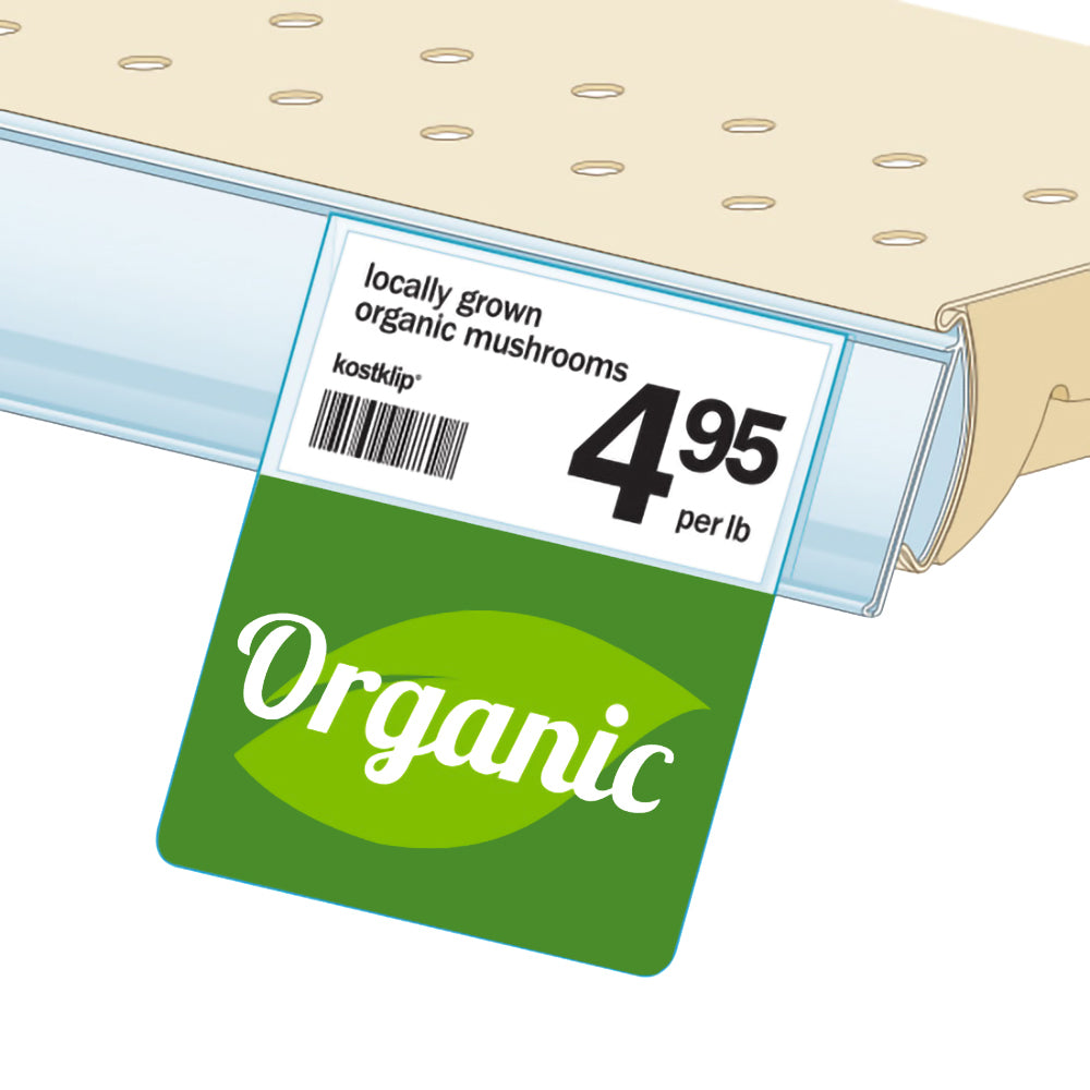 An illustration of the "Organic" Bib ClearVision ShelfTalkers installed in a ticket molding on a shelf.