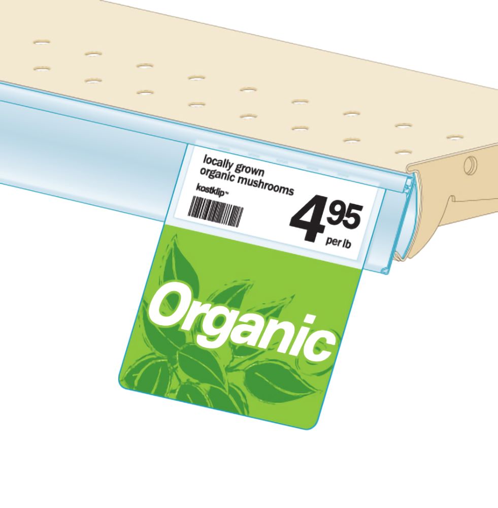 An illustration of the Signature Series, ClearGrip "Organic" Bib ShelfTalker installed into a ticket molding on a shelf edge