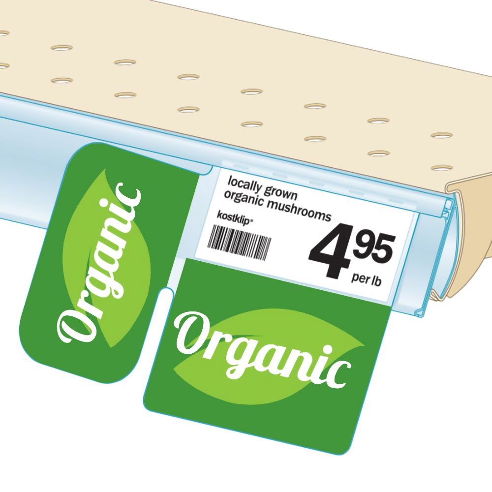An illustration of the "Organic" Bib with Right Angle Flag ClearGrip ShelfTalkers installed into a ticket molding on a shelf.