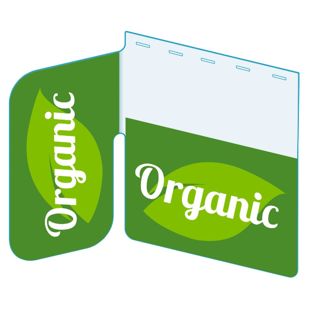 An illustration of the "Organic" Bib with Right Angle Flag ClearGrip ShelfTalkers