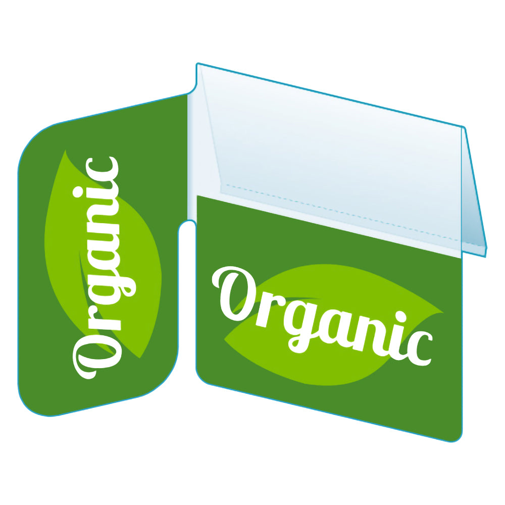 An illustration of the "Organic" Bib with Right Angle Flag ClearVision ShelfTalkers