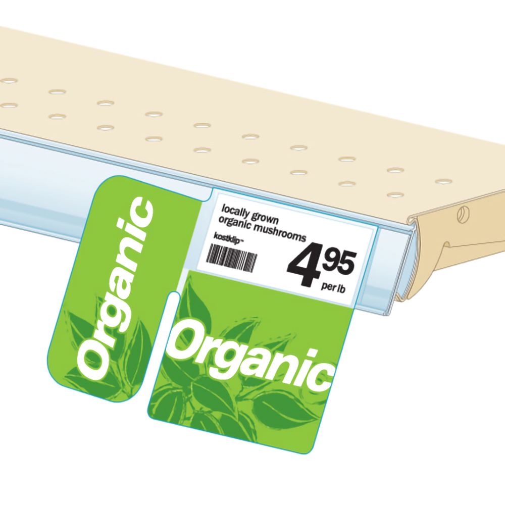An illustration of the Signature Series "Organic", Right Angle ShelfTalker installed into a ticket molding on a shelf edge