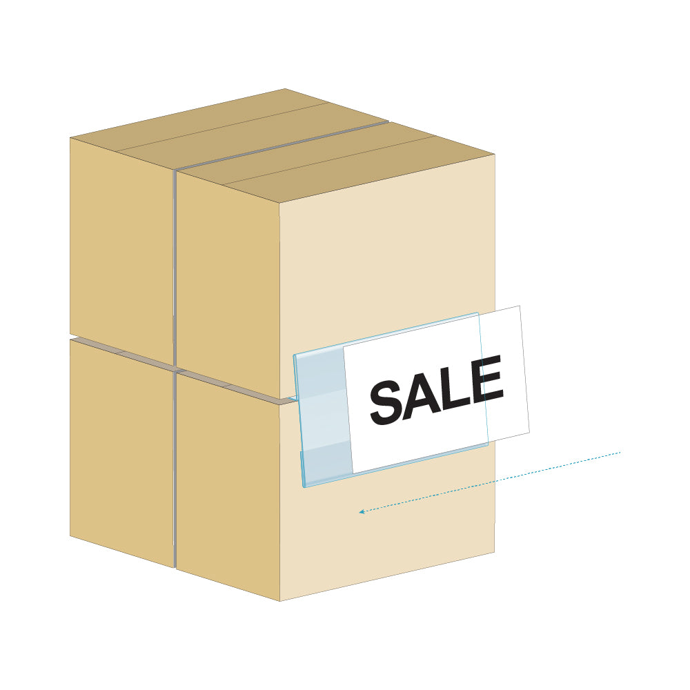 An illustration of the Pallet Sign Sleeve ShelfTalker in between boxes holding a "Sale" sign