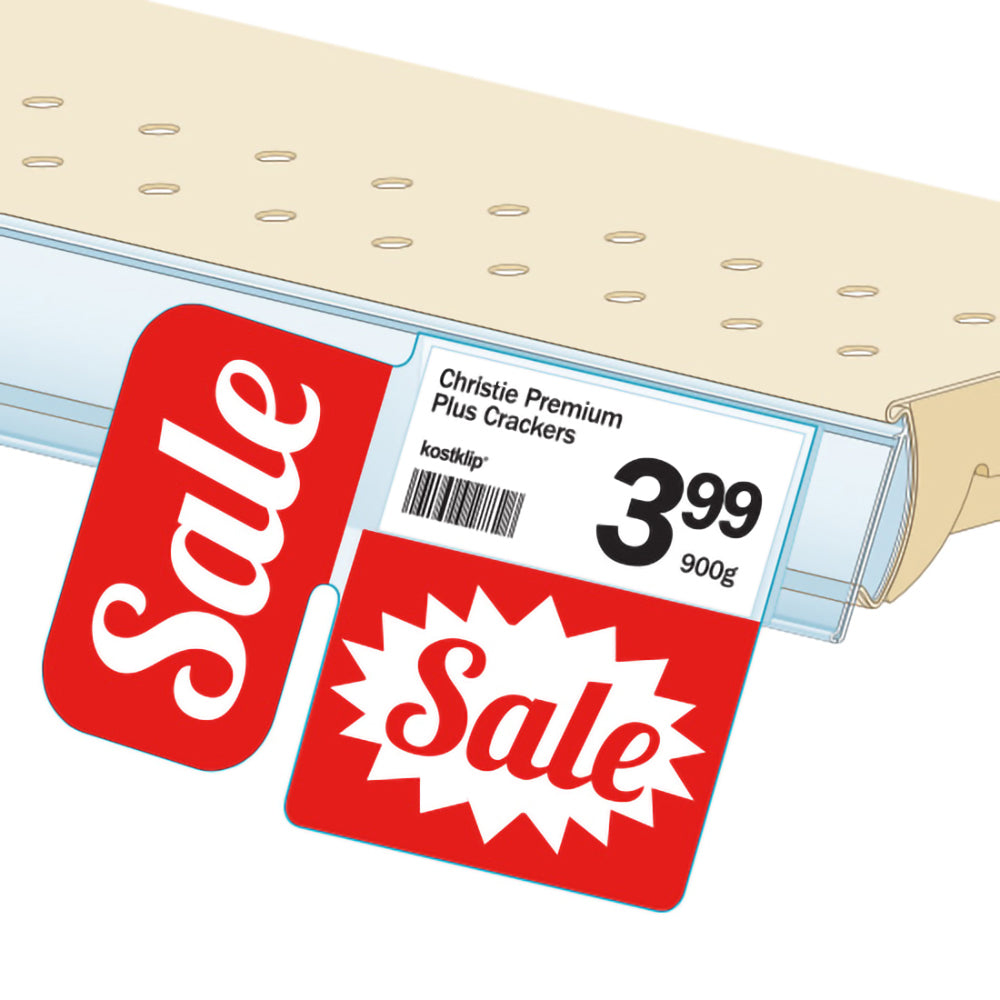 An illustration of the "Sale" Bib with Right Angle ClearVision ShelfTalkers installed in a ticket molding on a shelf.