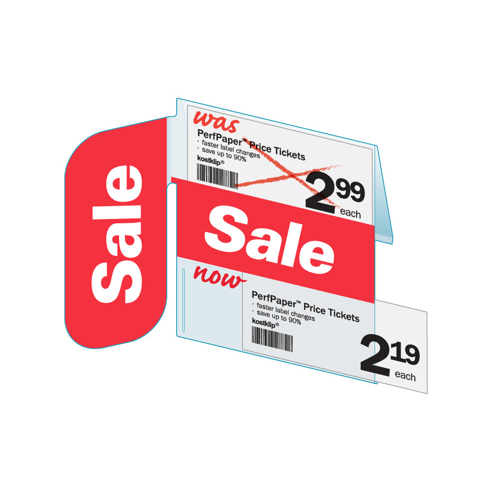 An illustration of the Signature Series "SALE" Ticket Holder with Right Angle Flag ShelfTalker with price tickets inserted