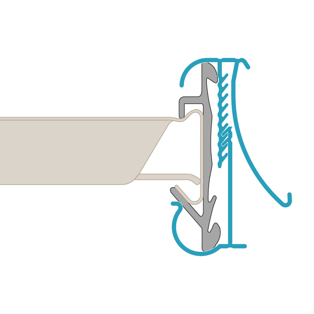 A profile illustration of the FlexKlip Large Shelf Adapter in clear, installed on a Hussmann PTM shelf edge