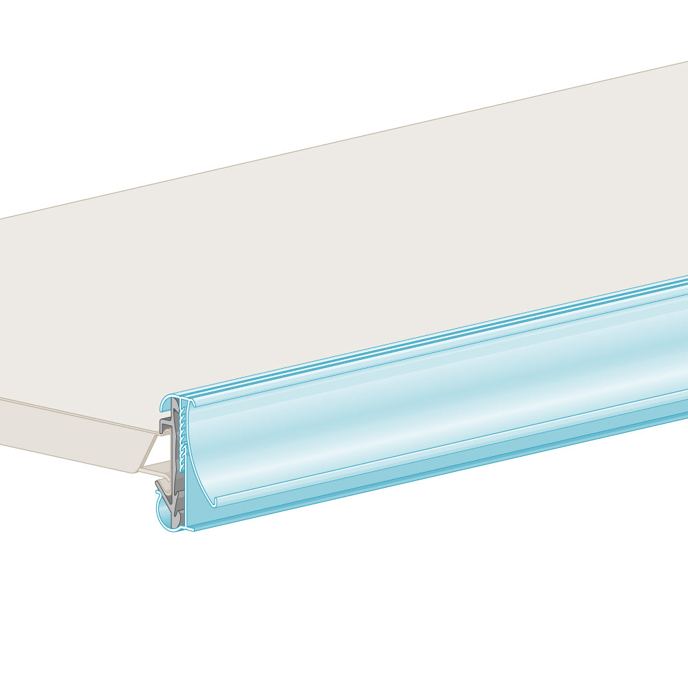 An illustration of the FlexKlip Large Shelf Adapter in clear, installed on a Hussmann PTM shelf edge