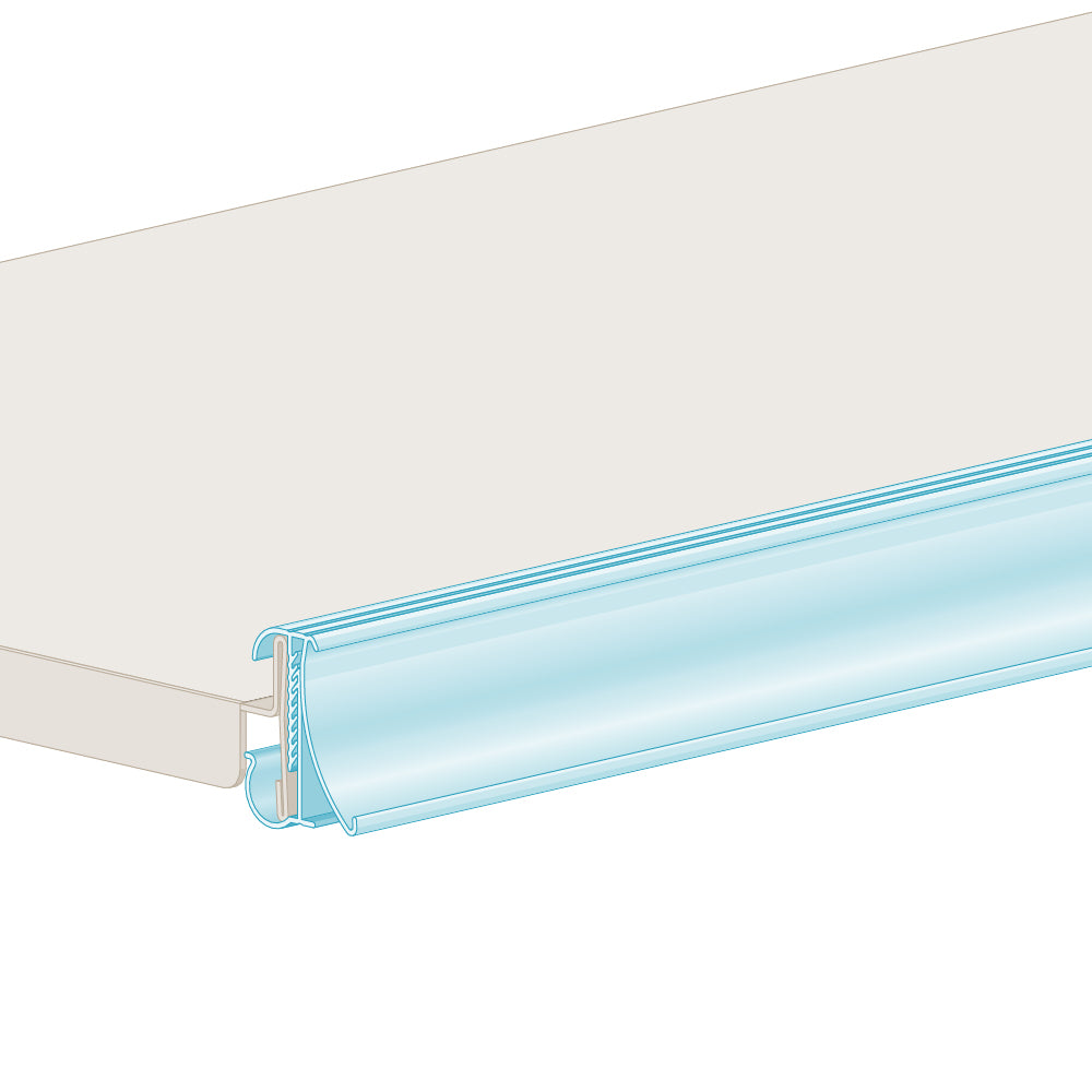 An illustration of the FlexKlip Large Shelf Adapter in clear, installed on a Kysor Warren shelf edge