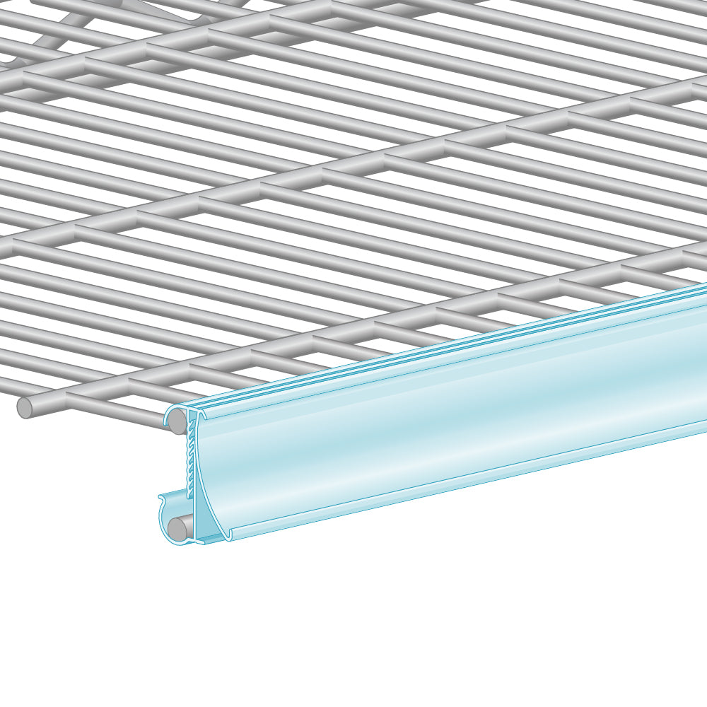 An illustration of the FlexKlip Large Shelf Adapter in clear, installed on a metro style shelf edge