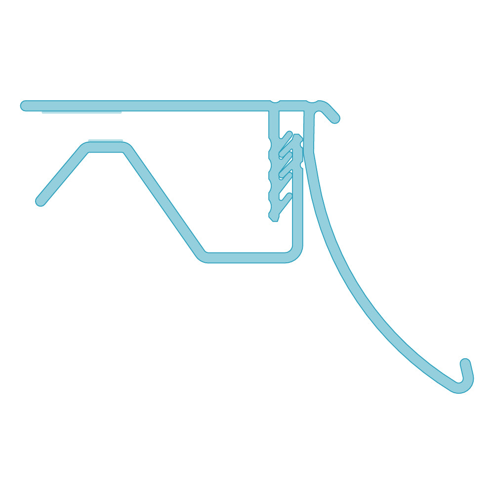 A profile illustration of the FlexKlip Ratchet, Glass and Single Wire Shelf Adapter, assembled