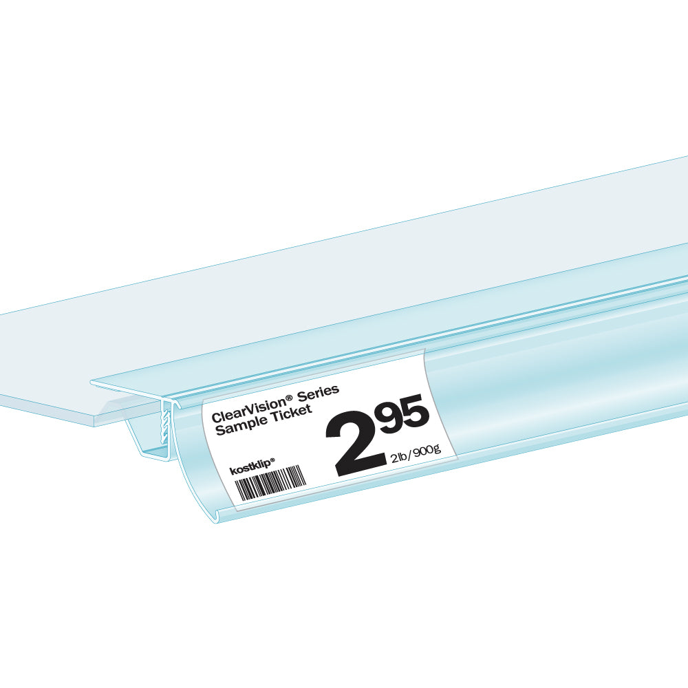 An illustration of the FlexKlip Ratchet, Glass and Single Wire Shelf Adapter in clear installed on a glass shelf with a price ticket