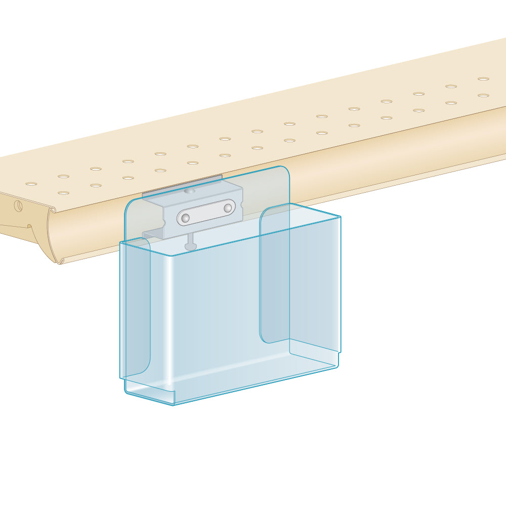 An illustration of the Shelf Edge Brochure Holder, with Locking Clip installed into a shelf edge