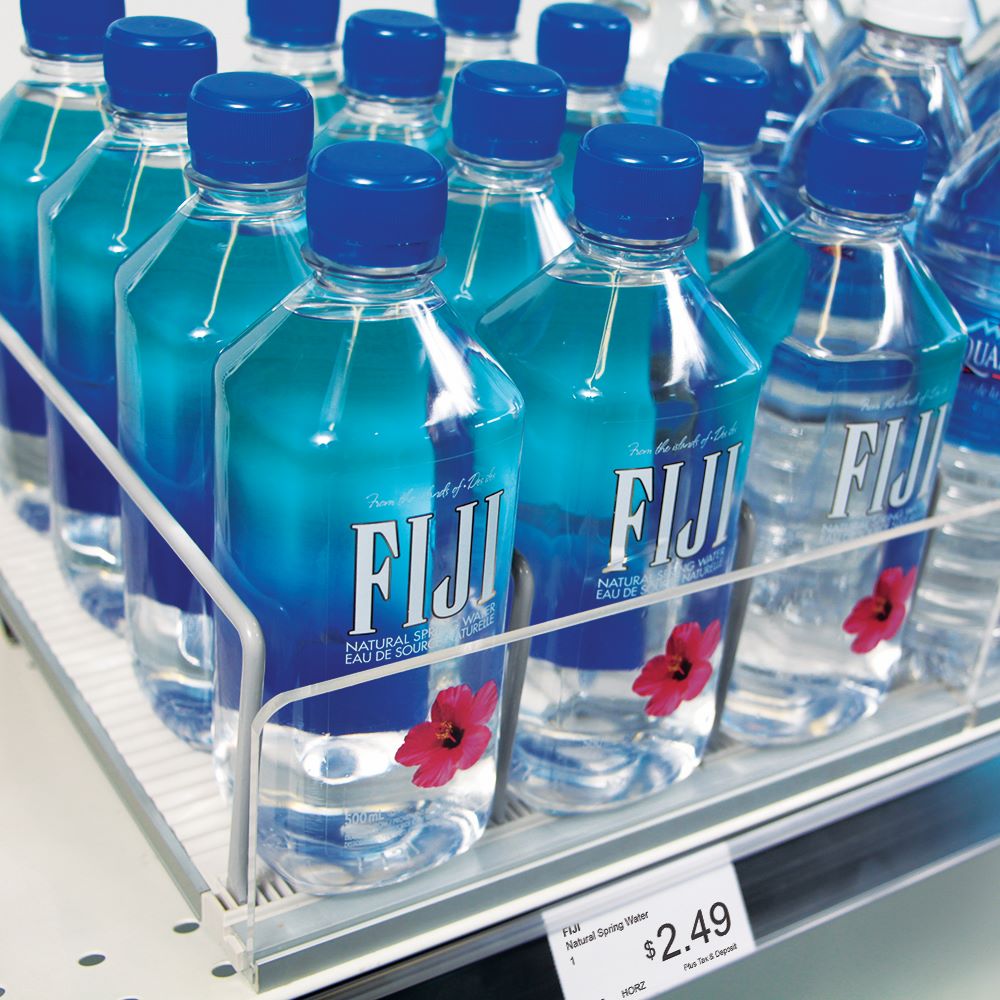 The EasyRoller shelf management system filled with water bottles