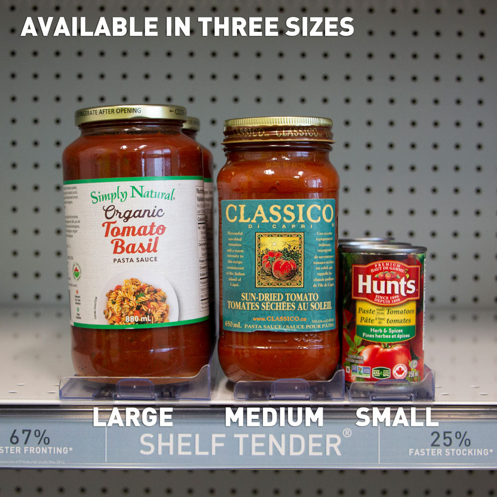 The three sizes of Shelf Tender side by side to show size comparison with different product examples on them.