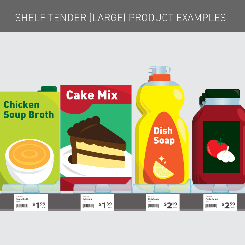 An illustration of different product examples to use with the large Shelf Tender KwikPull system