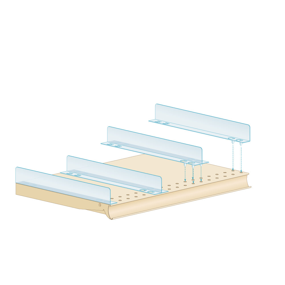 An illustration of the PopLock T and L-Style Shelf Dividers installed on a shelf