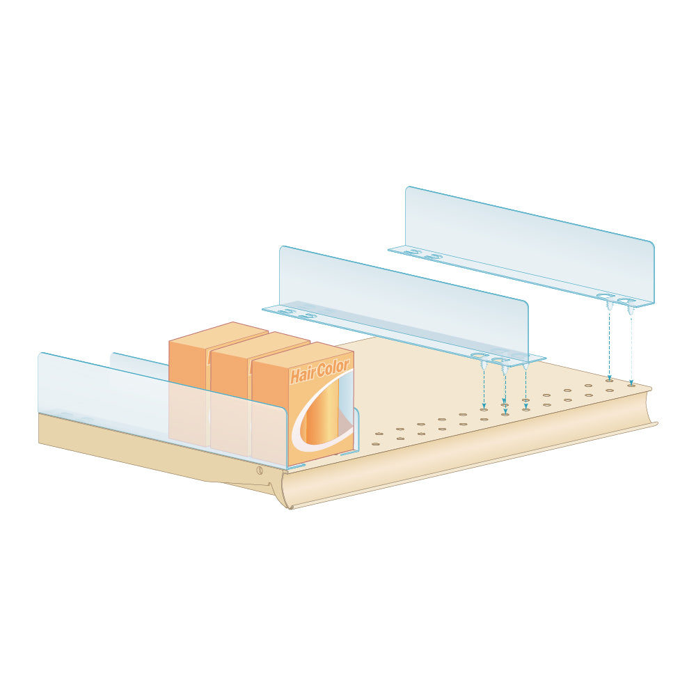 An illustration of the PopLock T and L-Style Shelf Dividers installed on a shelf with sample product