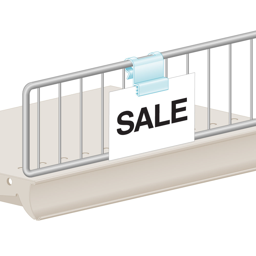 An illustration of the PowerGrip Wire Fence and Basket, Double Loop Sign Clip and Grip attached to a wire fence, holding a "sale" sign