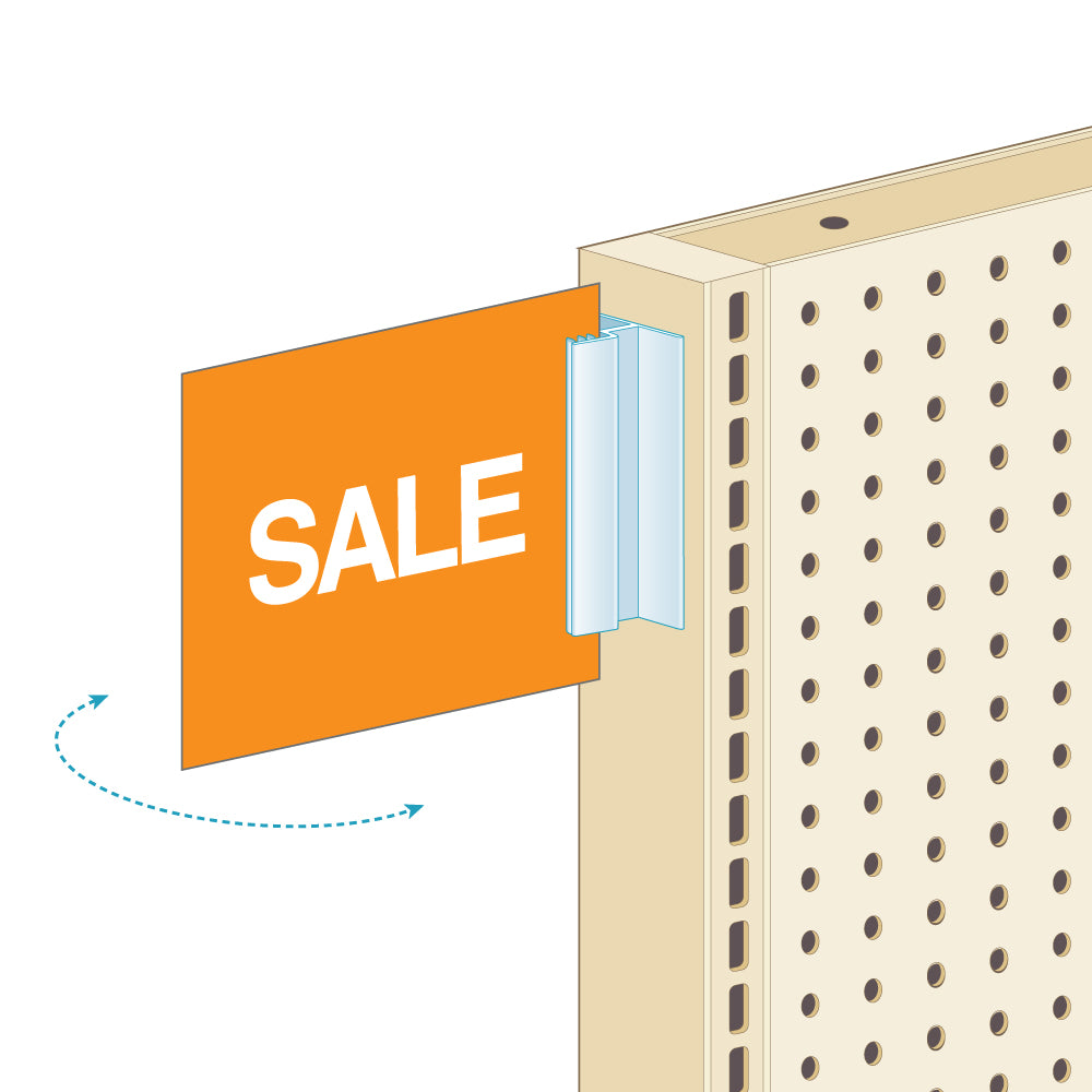 An illustration of the T-Style, Hinged, that holds up to 0.1" Sign Grip attached to the side of a shelf and holding a "sale" sign
