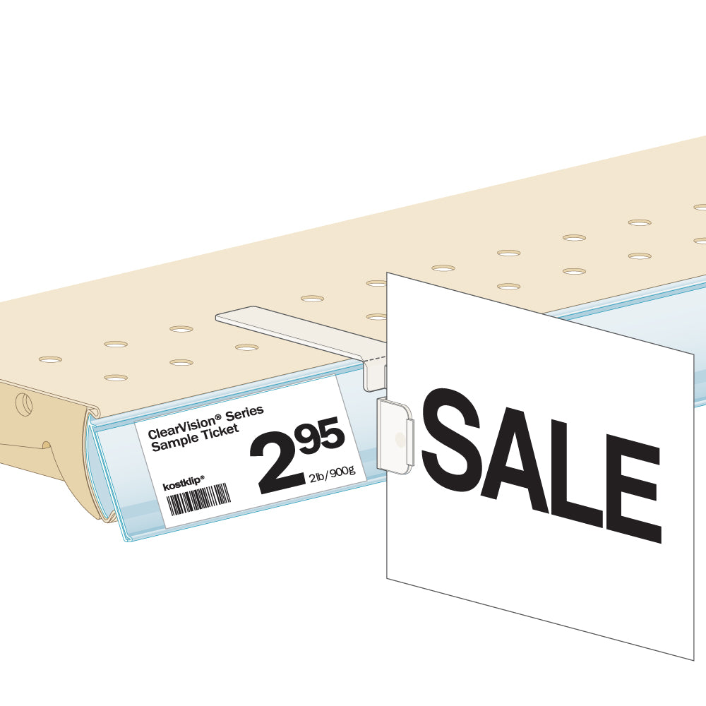 An illustration of the ClipNSnap Top Mount, Right Angle Sign Clip and Grip installed on a shelf edge, gripping a "Sale" sign